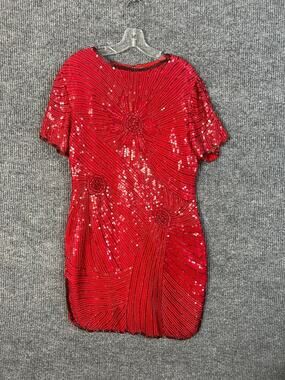 Vintage Modi Womens Mini Dress Petite Large Red Fully Beaded Silk Flapper Gatsby